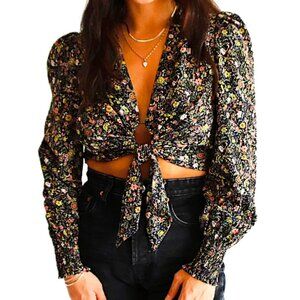 RESET by Jane Corina Top Black Floral Cropped Tie-Front Balloon Sleeve Blouse S